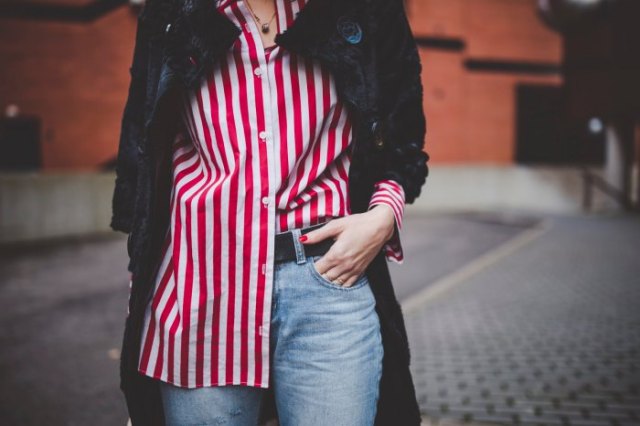 red and white striped big shirt black wool long jacket