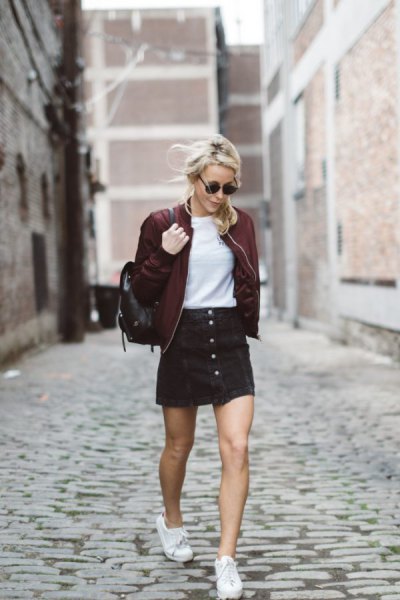 maroon cotton jacket with black button front corduroy mini skirt
