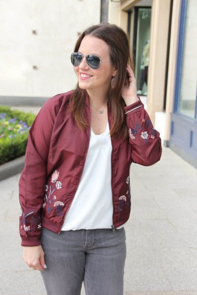 embroidered bomber jacket white chiffon top