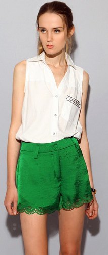 white sleeveless shirt green silk and lace with short lace