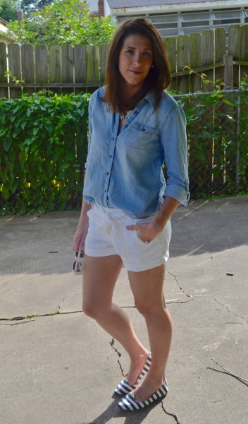 chambray button up shirt with white linen shorts