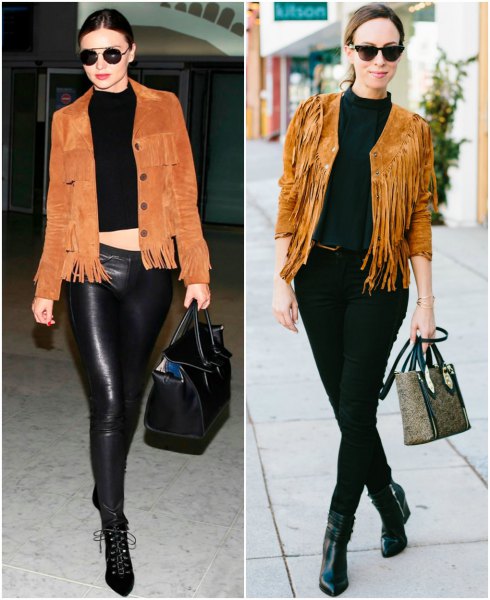 black cropped knitted sweaters of leather pants