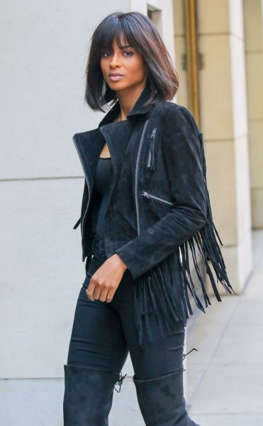 suede French jacket all black outfit