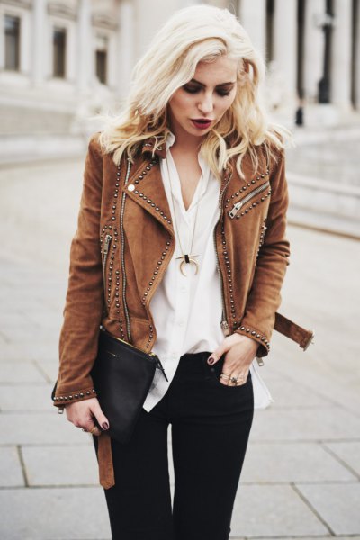 brown studded suede jacket white blouse black jeans