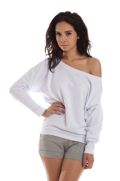 white off shoulder sweatshirt gray mini cotton shorts