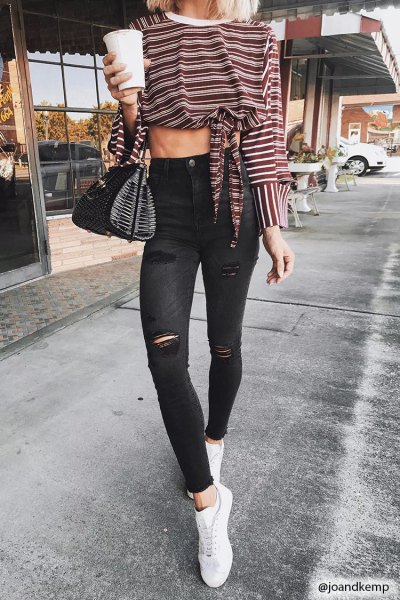 knotted striped long sleeve tee black ripped skinny ankle