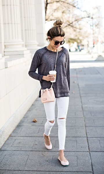 gray sweater white ankle jeans