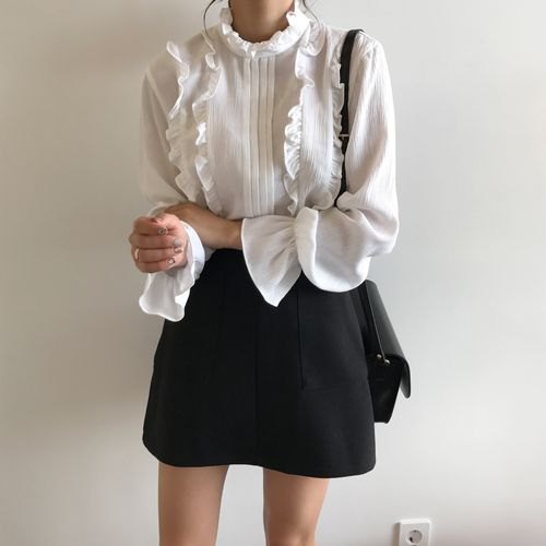 black high waist wool skater mini skirt