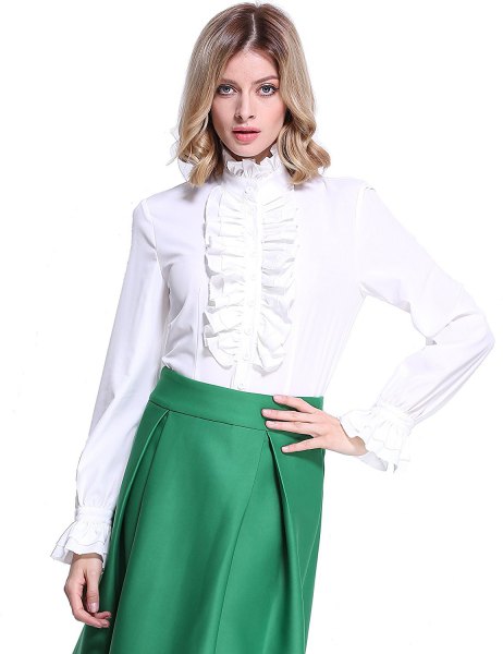 white lotus ruffle blouse olive green midi skirt with high waist