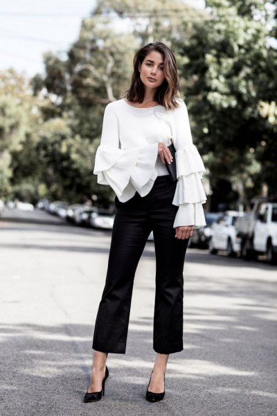 white watch sleeve ruffle blouse black cropped flared chinos
