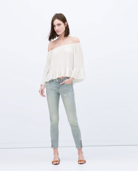 white zipper light gray jeans with zipper