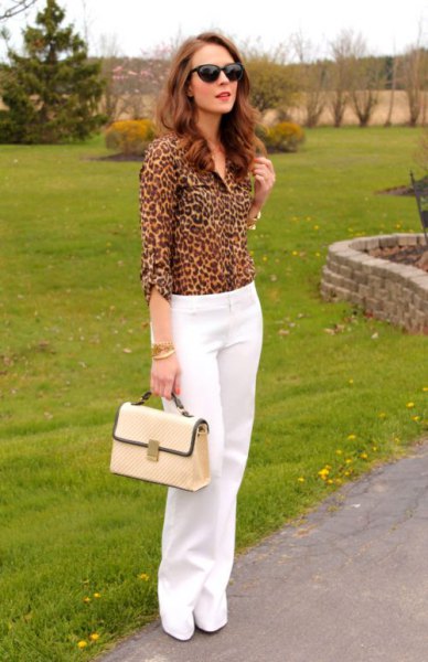 leopard print button up shirt white wide leg chinos