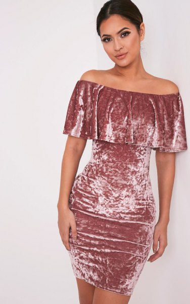 pleated shoulder bodycon pink velvet dress