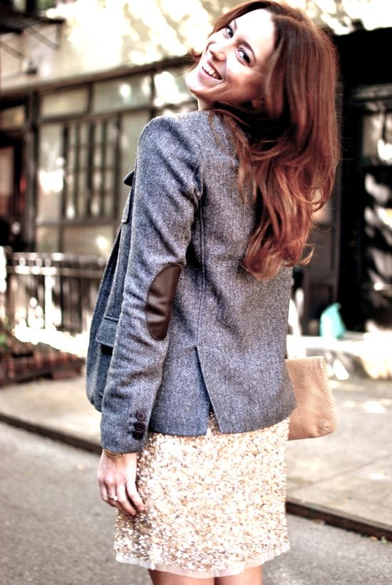 blazer with elbow patches sequin skirt