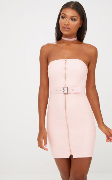 white zipper front dress light pink choker