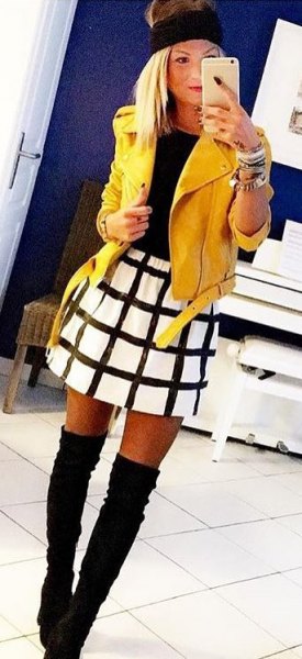 yellow leather jacket white and black checkered skate skirt