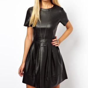short-sleeved leather in two parts skater dress