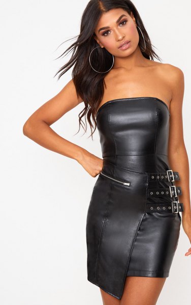 black leather tube dress with zipper at the front