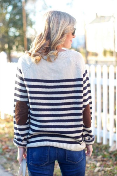white and black horizontal striped knit sweater jeans