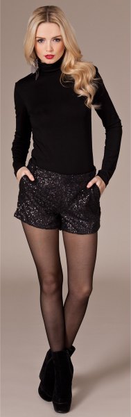black sequin shorts turtleneck shape fitting knit sweater