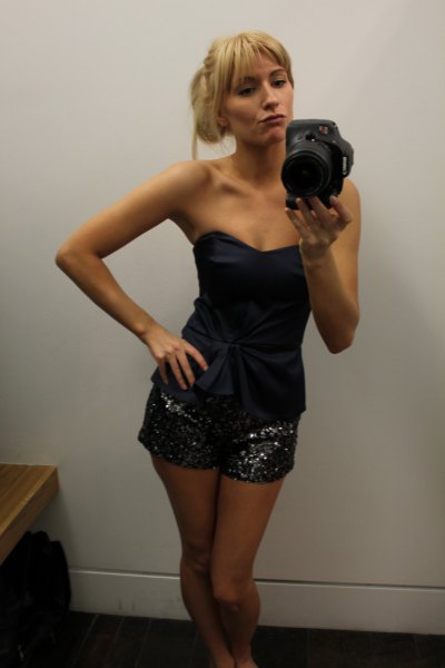black darling strapless top sequin shorts