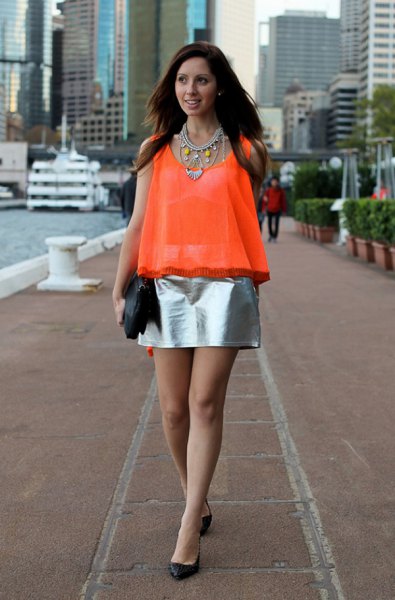 orange half pure chiffon sleeveless top silver metallic skirt