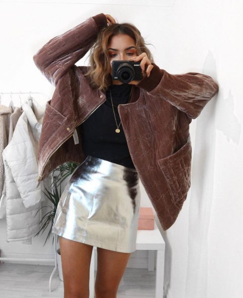 brown corduroy rock silver mini skirt