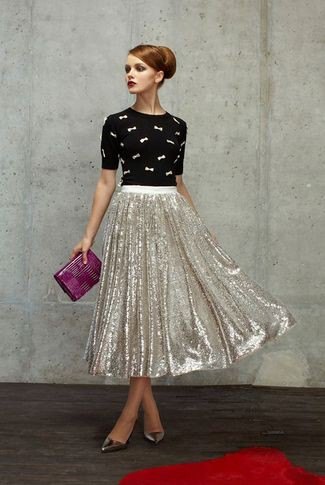 black cartoon printed shirt silver sequin pleated midi skirt