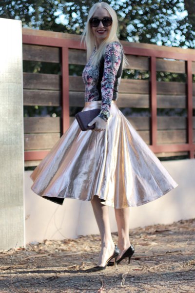floral long-sleeved top silver blown midi skirt
