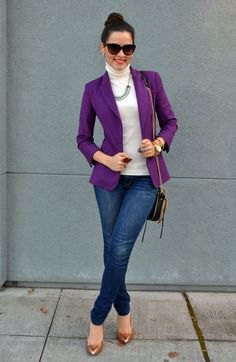 purple blazer white turtleneck sweater
