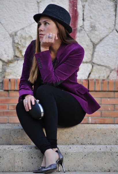 purple velvet blazer with all black outfit