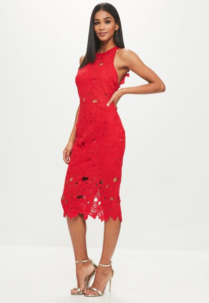 red sleeveless suede midi lace dress