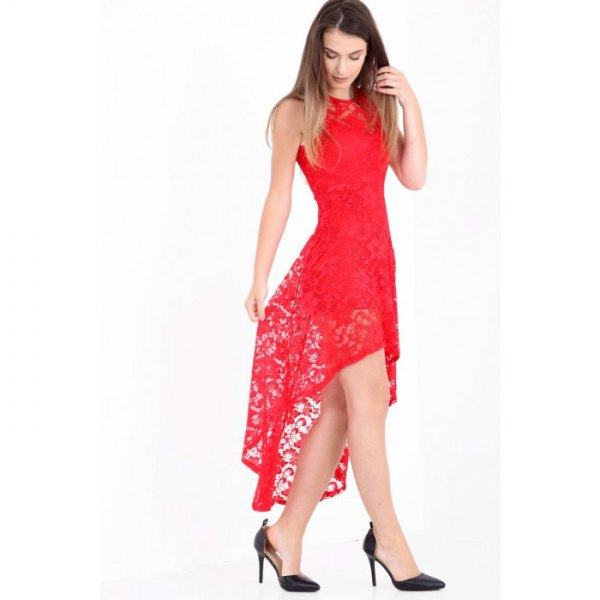 red high lace dress black heels