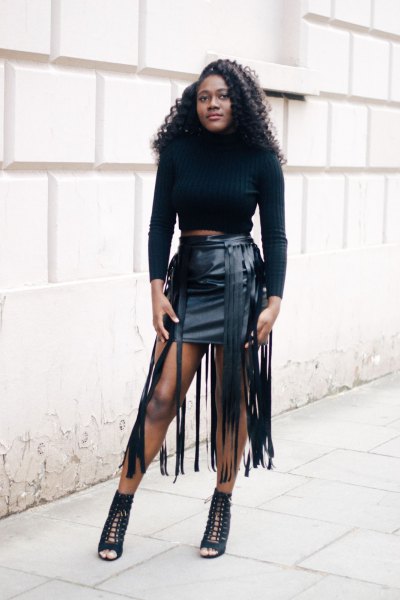 black leather skirt with long fringes