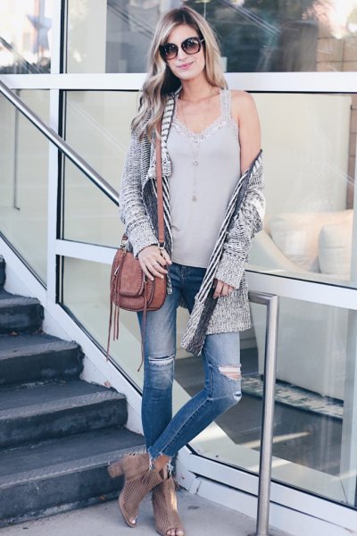 Heather gray long knitted cardigan jeans