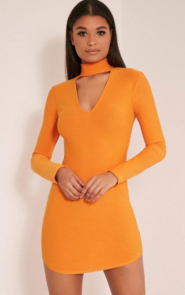orange choker neck mini bodycon dress