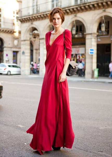 red silk deep maxi dress with v-neck