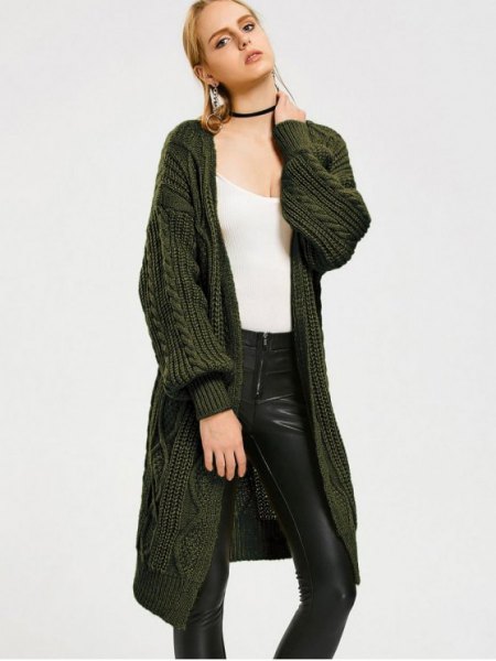 dark green mid length cable knit cardigan