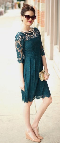 dark teal sheer shoulder knee length lace dress