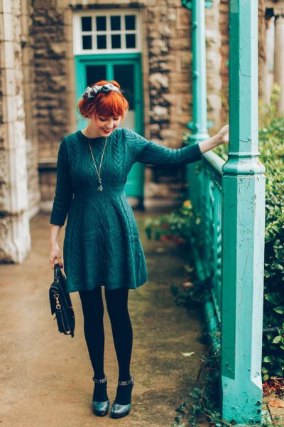 long-sleeved knit collar waist dress