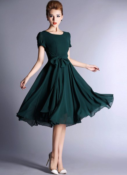 dark teal short-sleeved midi-flare chiffon dress