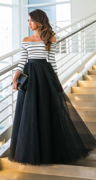 of shoulder striped long sleeve top maxi tulle skirt