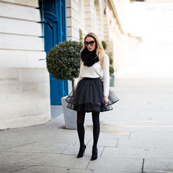 white knitted sweater black tulle mini skirt