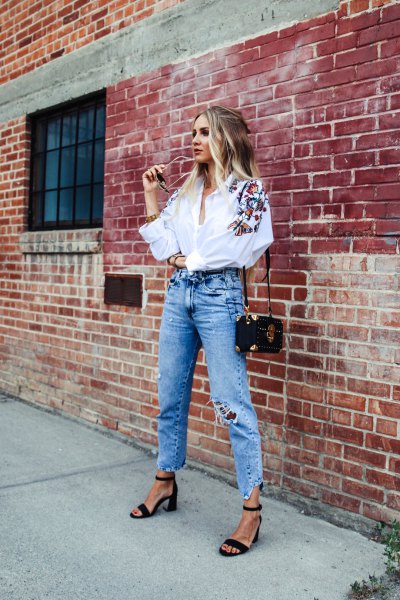 white embroidered blouse ripped boyfriend jeans