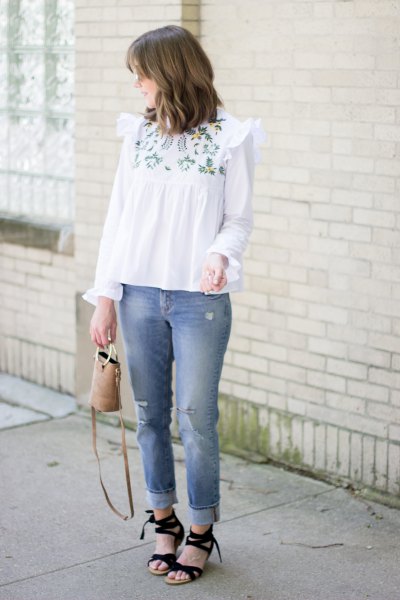 white boho-style embroidered blouse