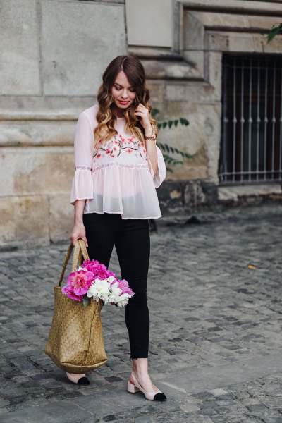 pale pink chiffon bell sleeve embroidered blouse