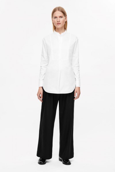 white oversized shirt with wide leg pants