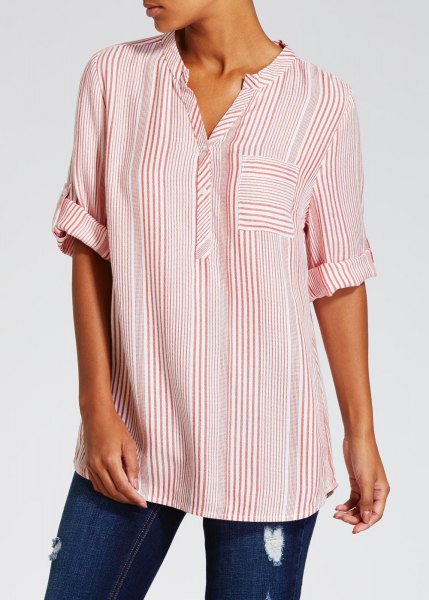 pink and white striped shirt with grandmother's collar