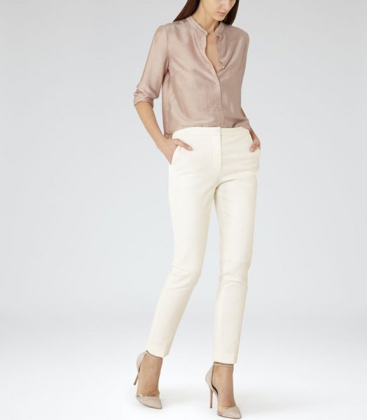 pink gold silk shirt white skinny pants