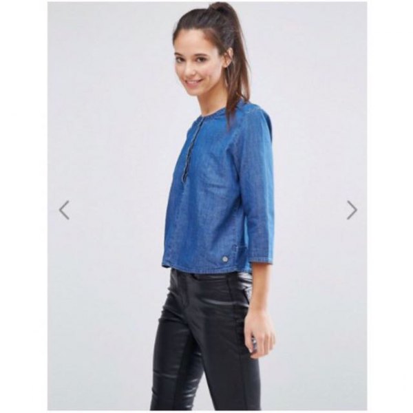 chambray lined collar shirt black leather pants